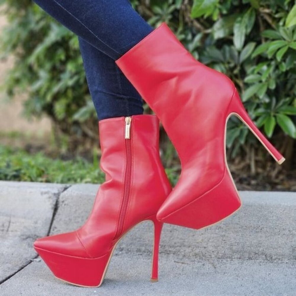 Red Pointy Toe Heel Boots for Women Side Zipper Pull On Style